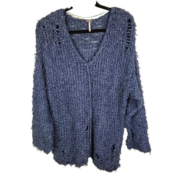 Free People Up The Ladder Distressed Open Knit PullOn Sweater Washed Navy Blue M - Picture 4 of 16
